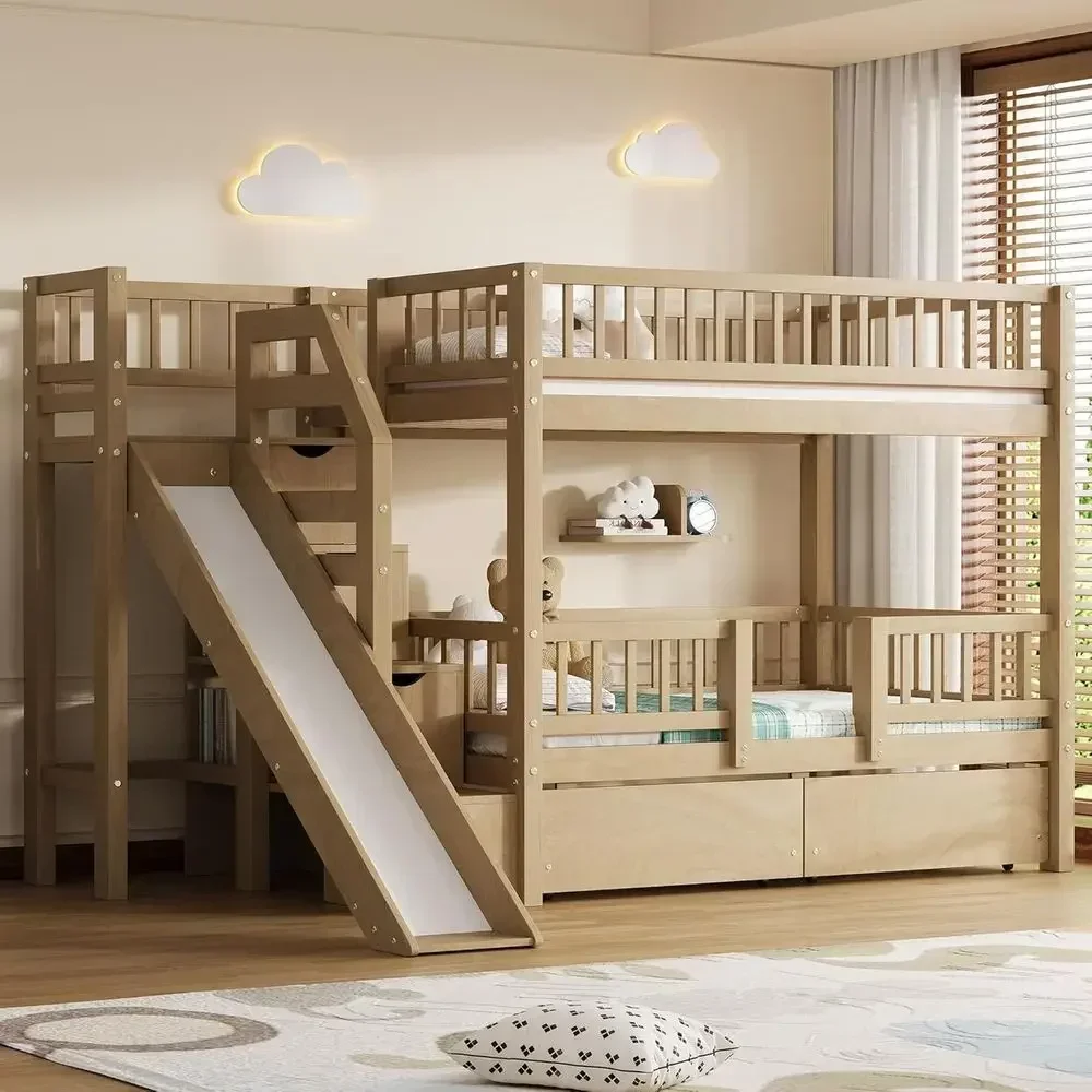 Bunk Bed With Stairs And Slide - Двухъярусная деревянная кровать с горкой и